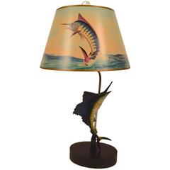 Vintage Crazy Sailfish Motif Table Lamp with Signed Shade