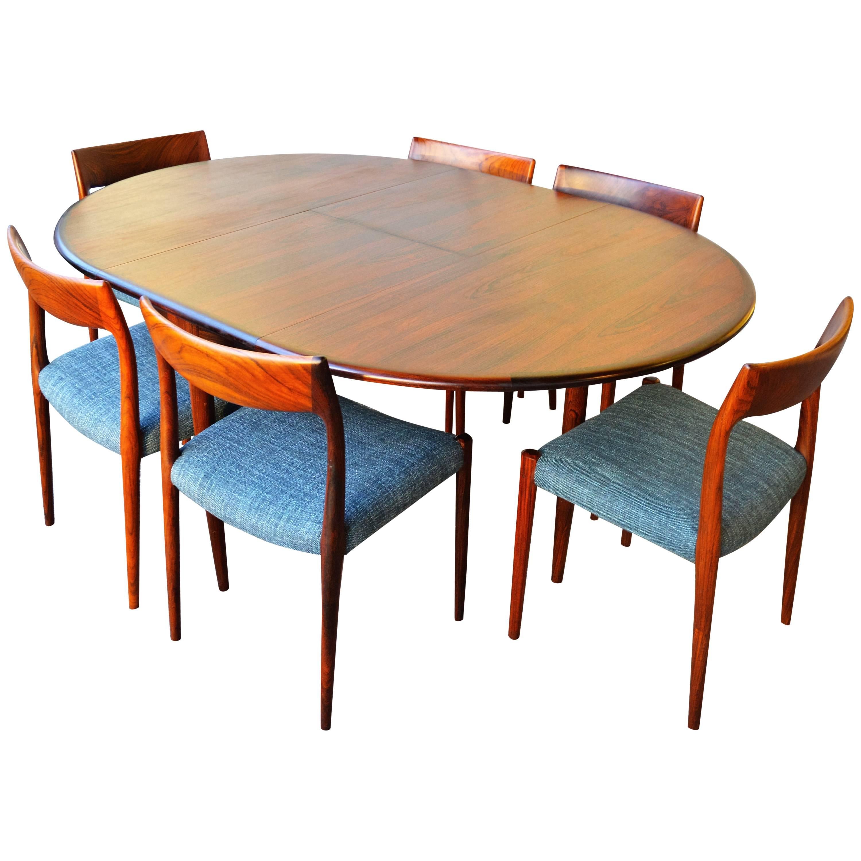 Unique Restored N.O. Moller Rosewood Round One Leaf Dining Table and Six Chairs