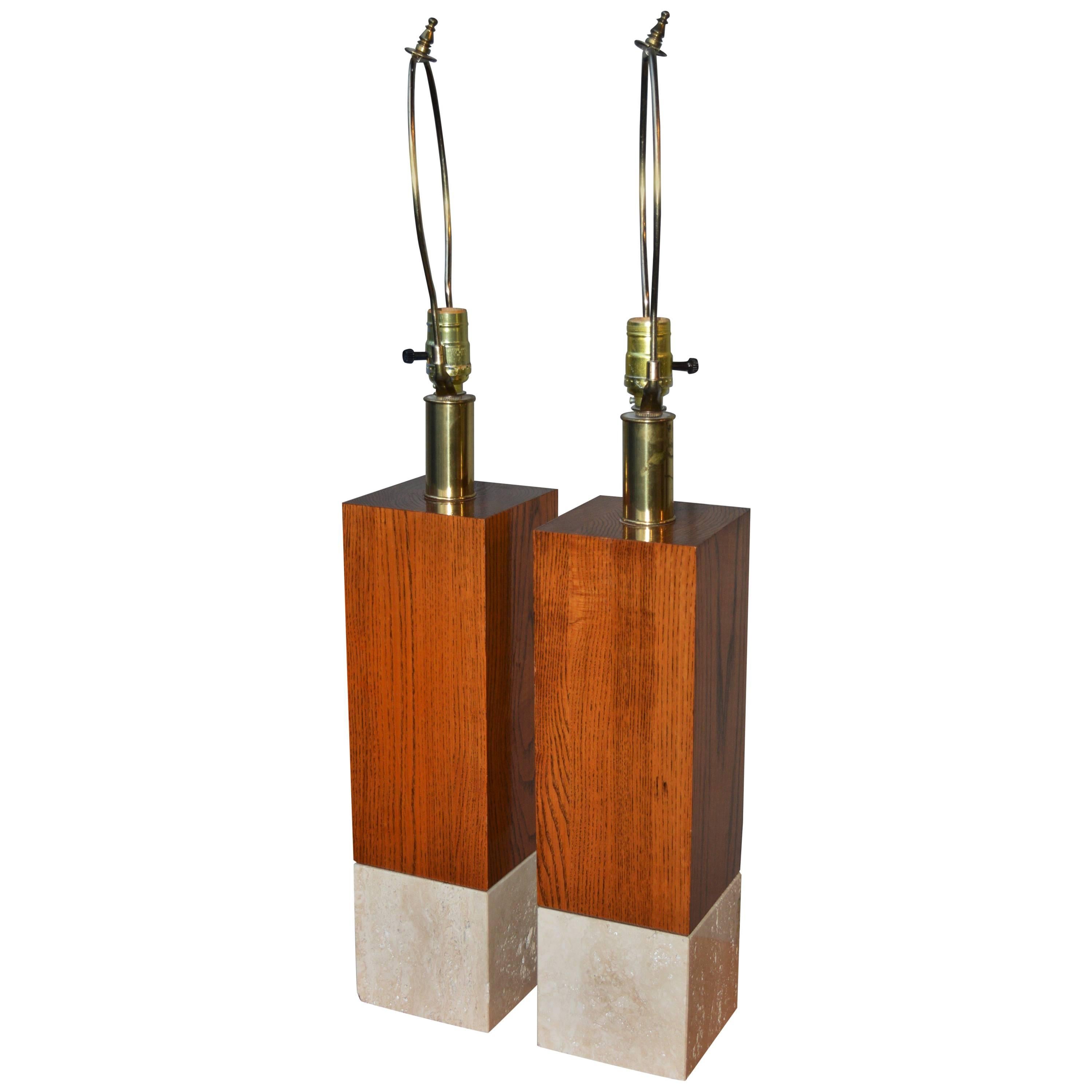 Striking Pair of Marble and Wood Italian Cubic Table Lamps For Sale
