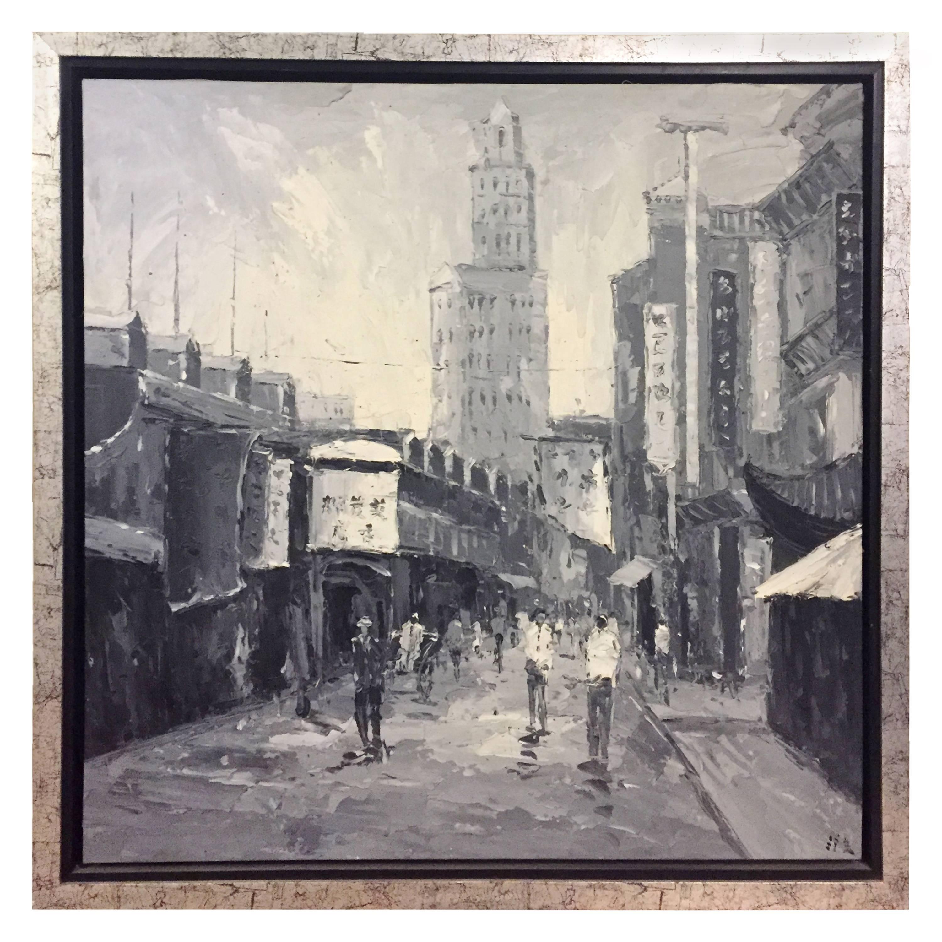 Large Oil Painting "Old Shanghai", Signed For Sale