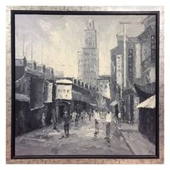 Large Oil Painting "Old Shanghai", Signed