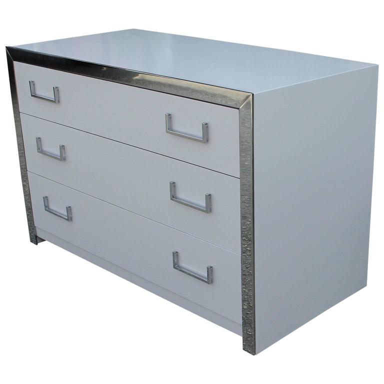 Beautiful Clean Lined Grey Lacquer and Chrome Modern Chest / Dresser