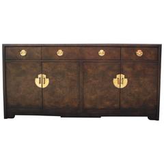 Vintage Glamorous Burl Wood Modern Dresser / Sideboard with Brass Hardware