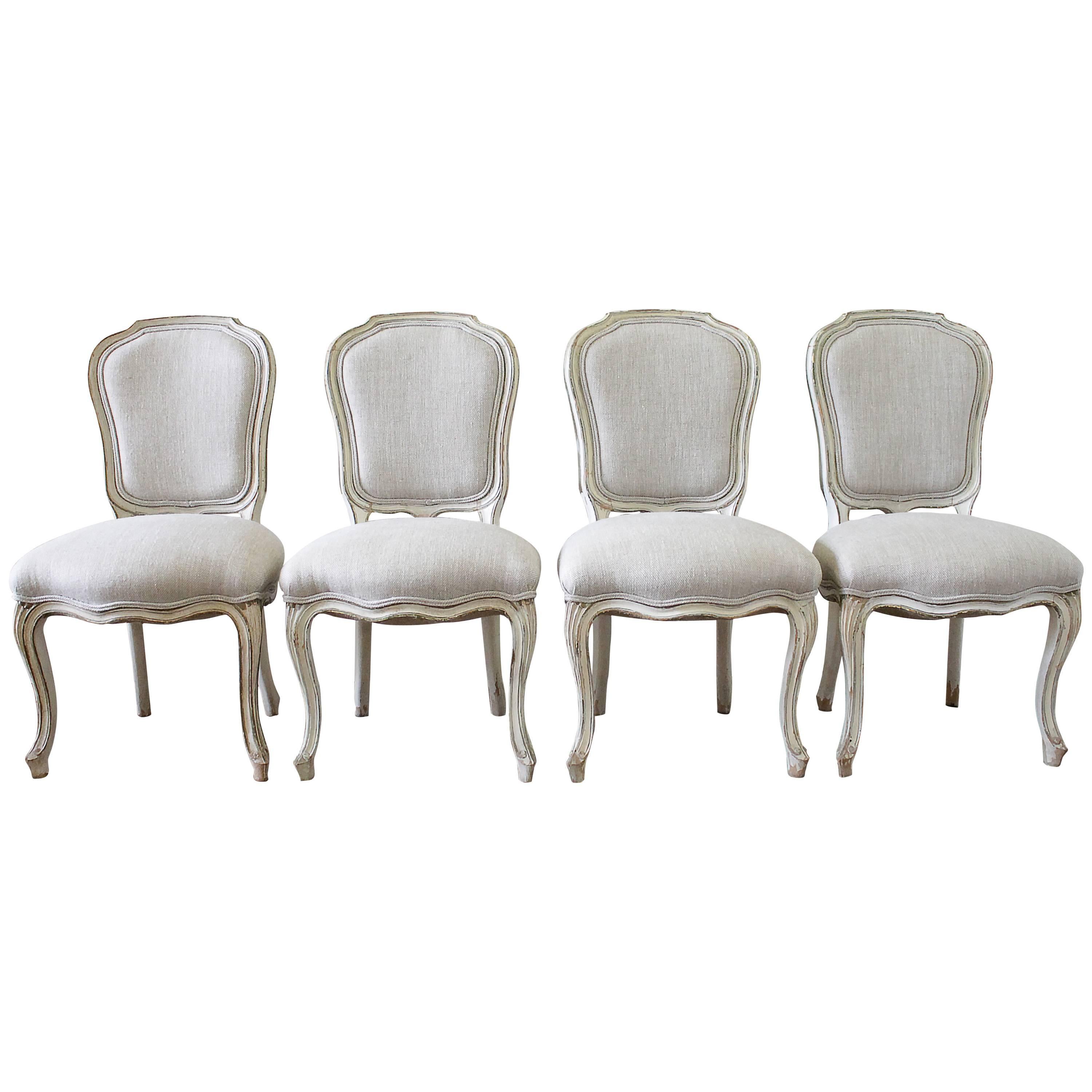 Set of Four Painted Louis XV Style Dining Chairs in Irish Linen