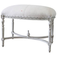 19th Century Carved and Painted Bench Upholstered in French Grain Fabric