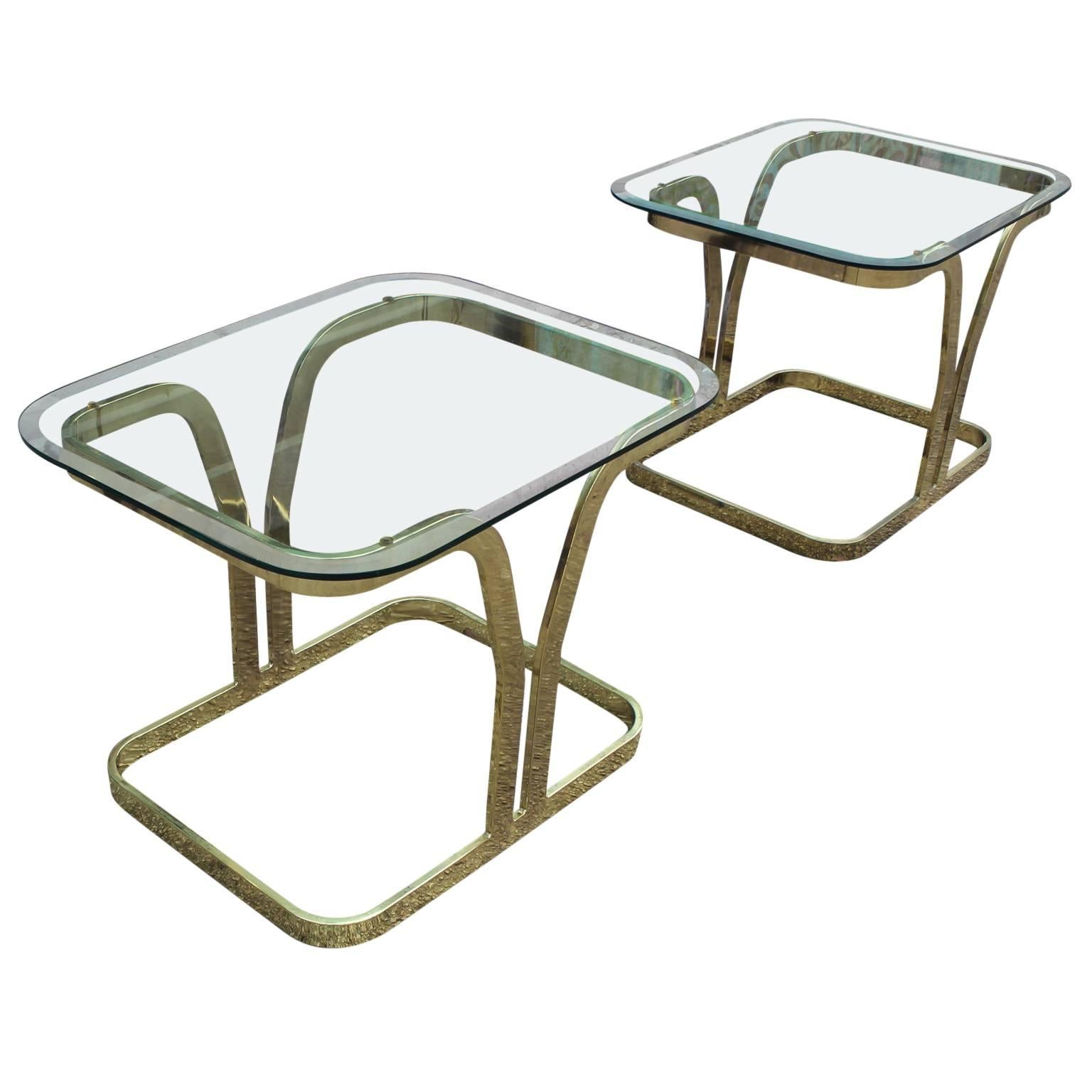 Luxe Pair of Modern Cantilevered Brass and Glass Side Tables