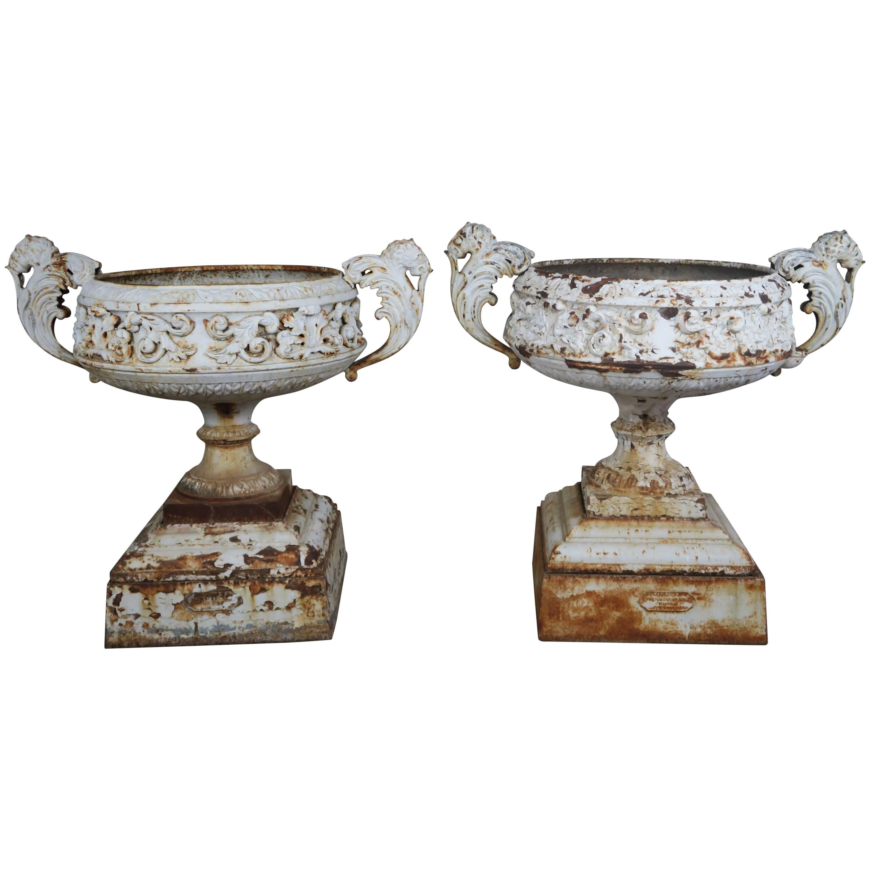 19th Century French Painted Cast Iron Garden Urns, Pair