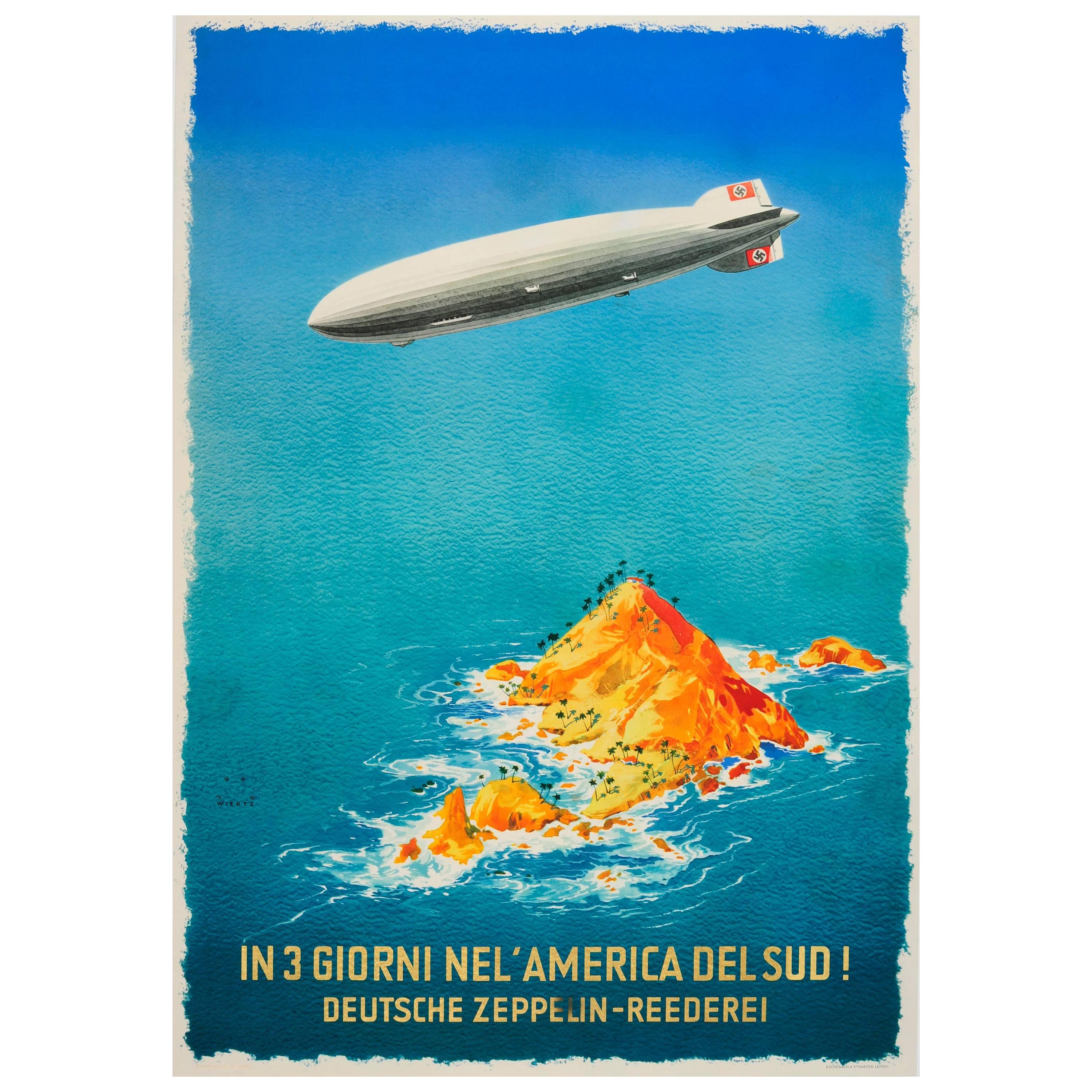 Original Vintage Zeppelin Travel Advertising Poster 'In 3 Days to South America'