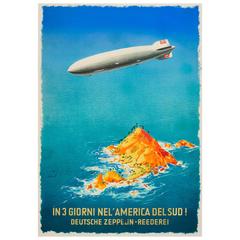 Original Vintage Zeppelin Travel Advertising Poster 'In 3 Days to South America' (en 3 jours pour l'Amérique du Sud)