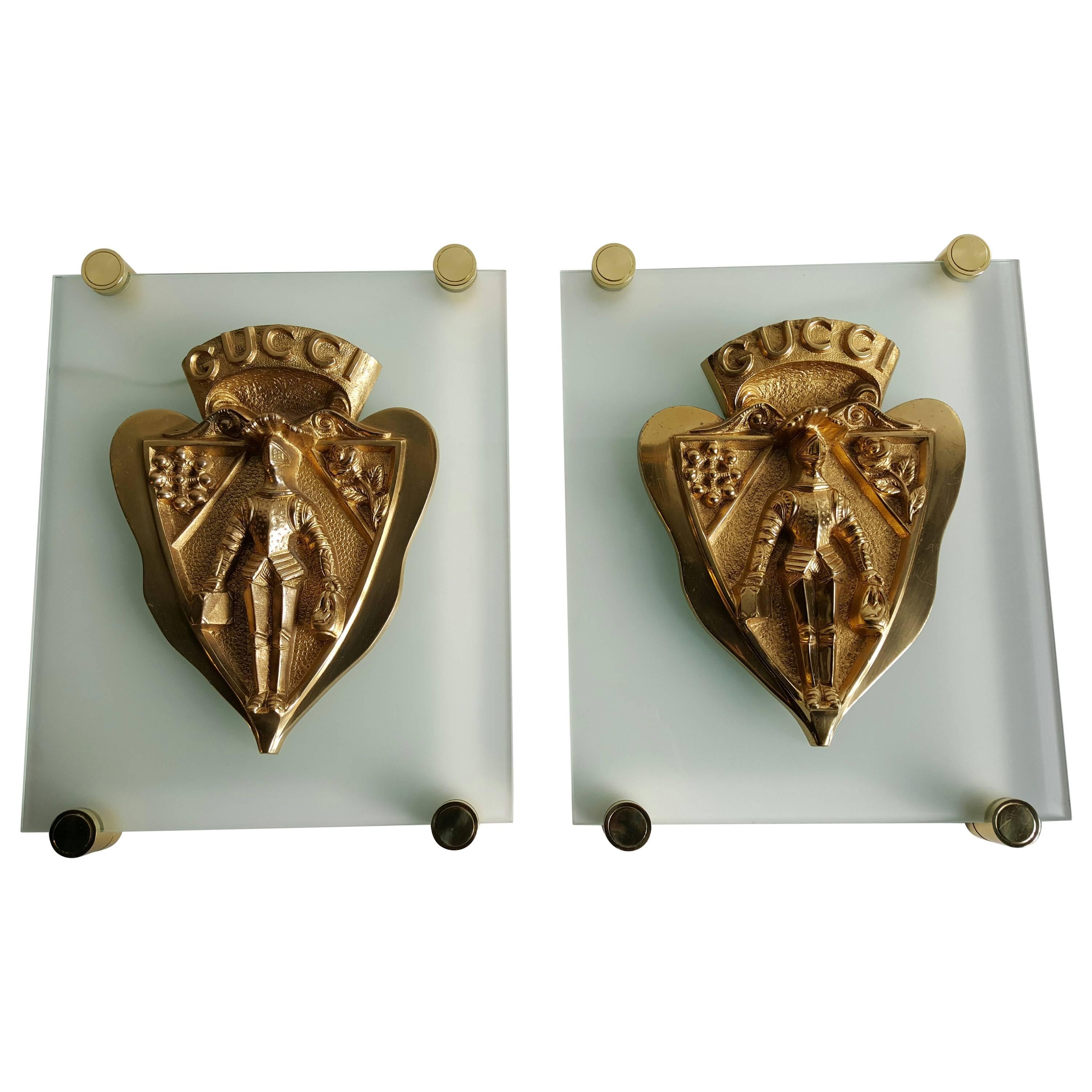 Rare Gucci Store Shield Wall Plaques Sconces Bronze and Glass
