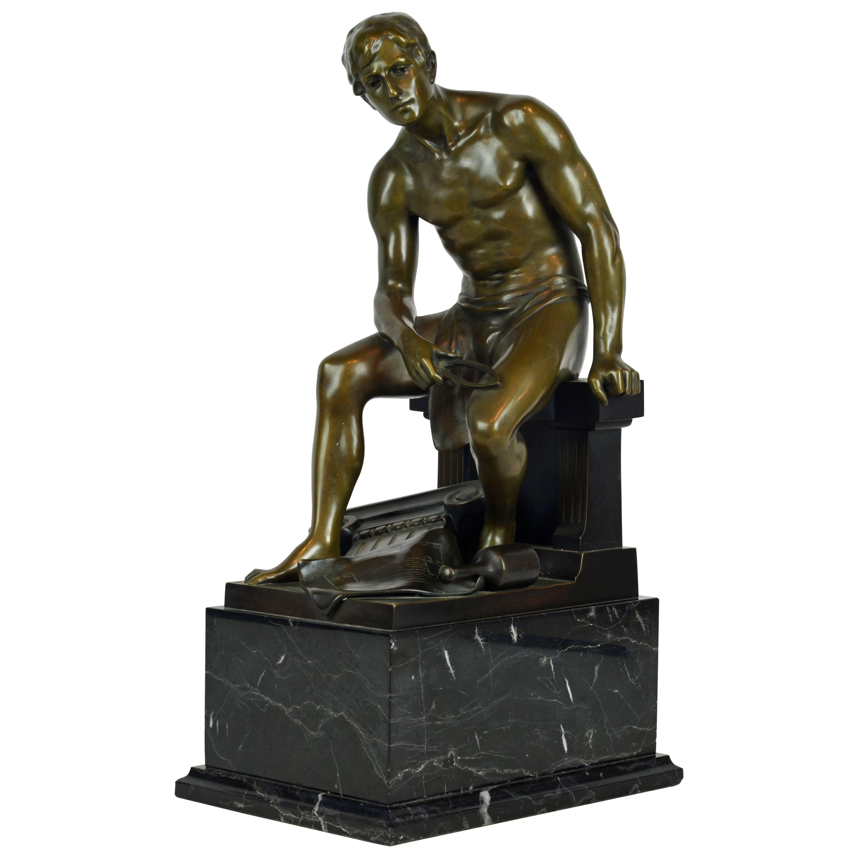 'The Architect' Neoclassical Bronze Figure of a Seated Young Man by Hans Keck