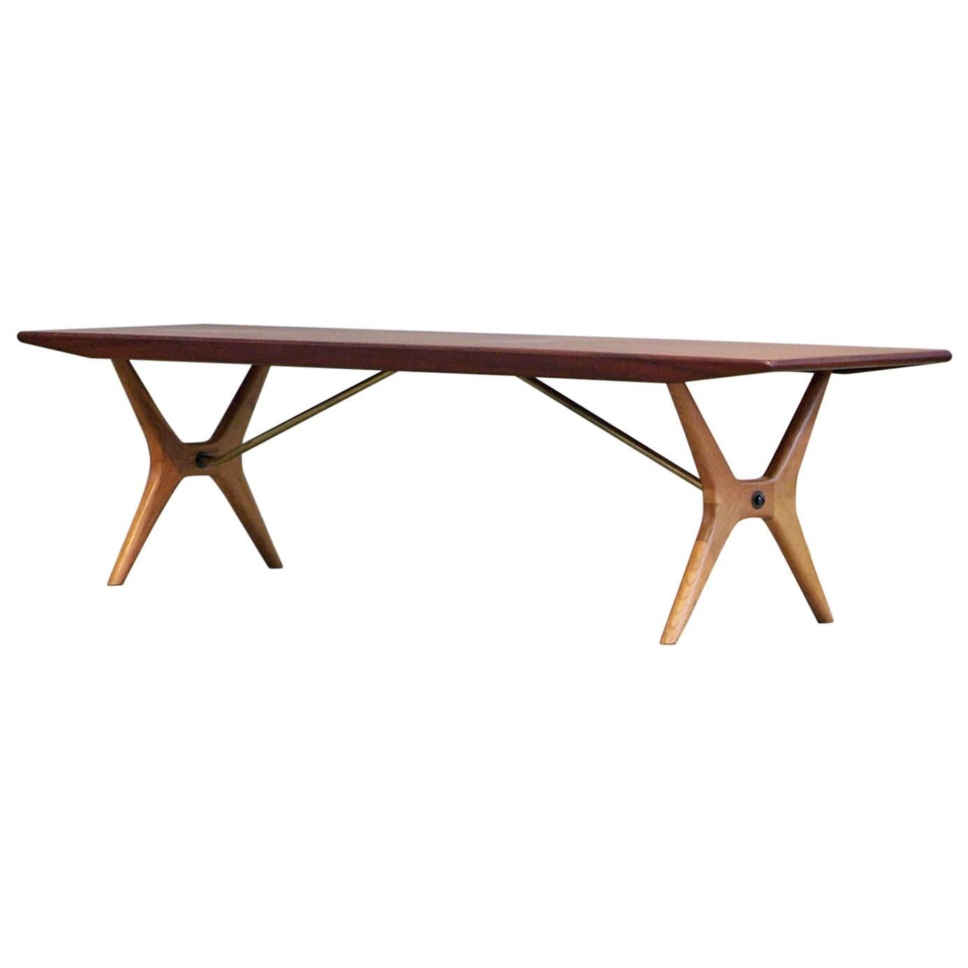 Karl-Erik Ekselius Rare Bench JOC Sweden, 1950s Teak Oak Brass