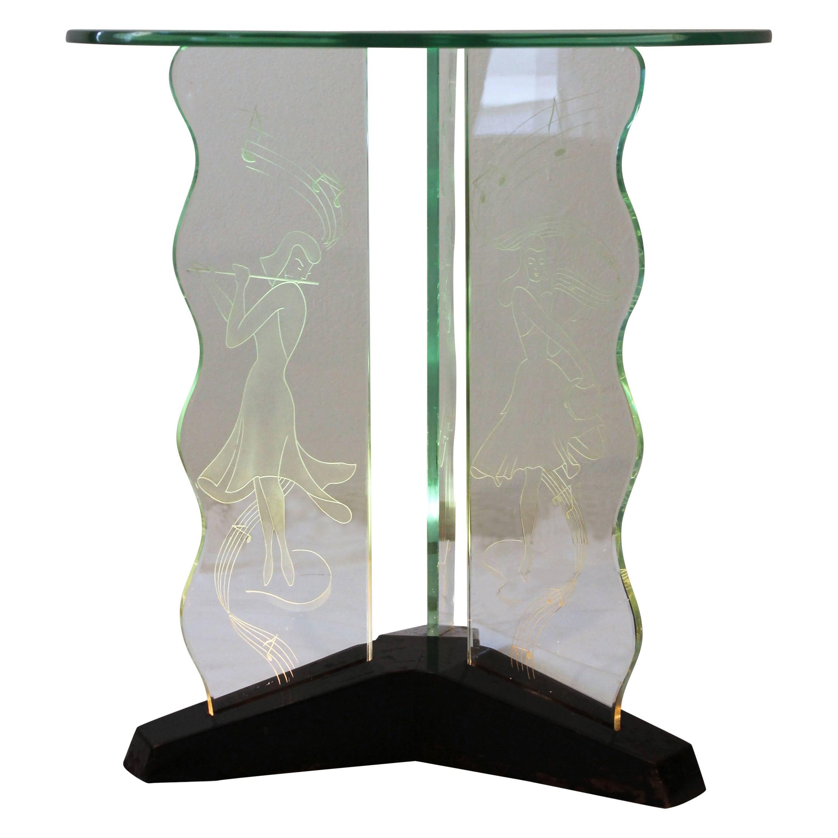 Table basse d'appoint en cristal Luigi Brusotti Italie 1940's, Muses illuminées en vente