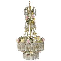 Antique French Tole Porcelain Roses and Crystal Chandelier