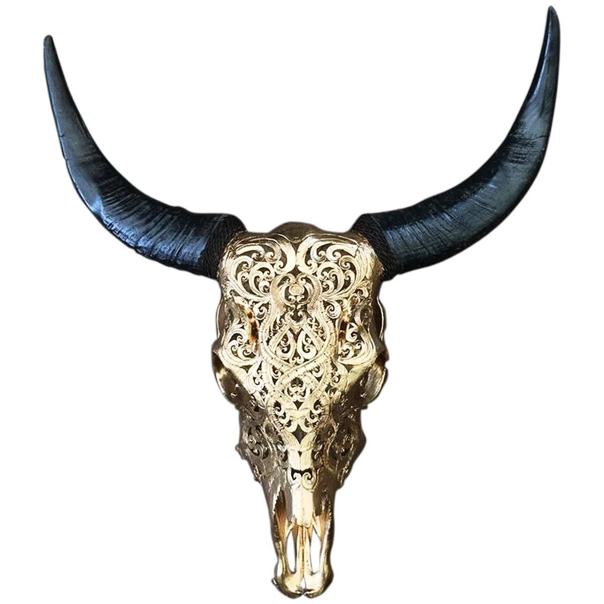 Engraved Buffalo Skull Gold Painted For Sale at 1stdibs