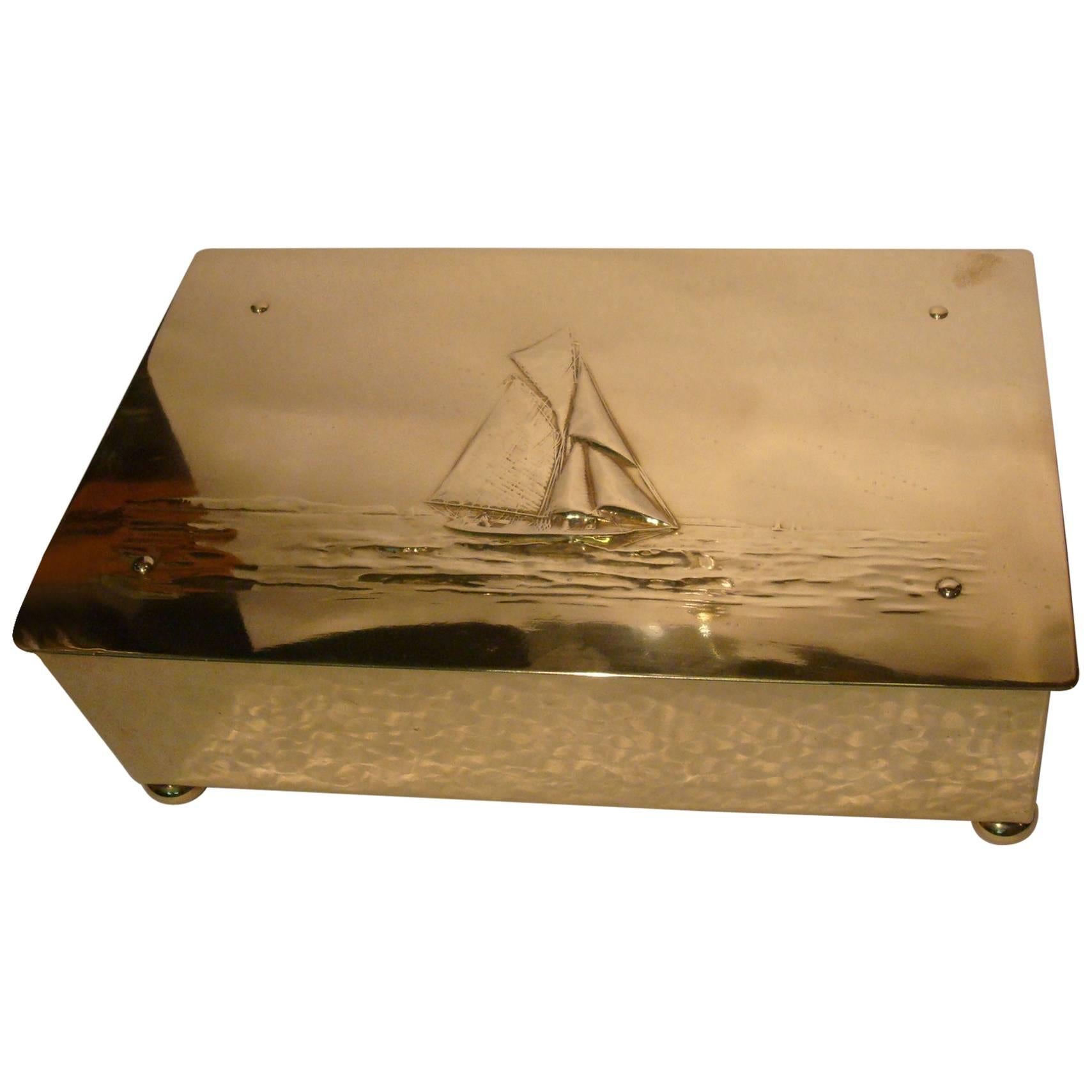 Old Brass Cigar Case -  Sailingboat En the Lid, German, 1910