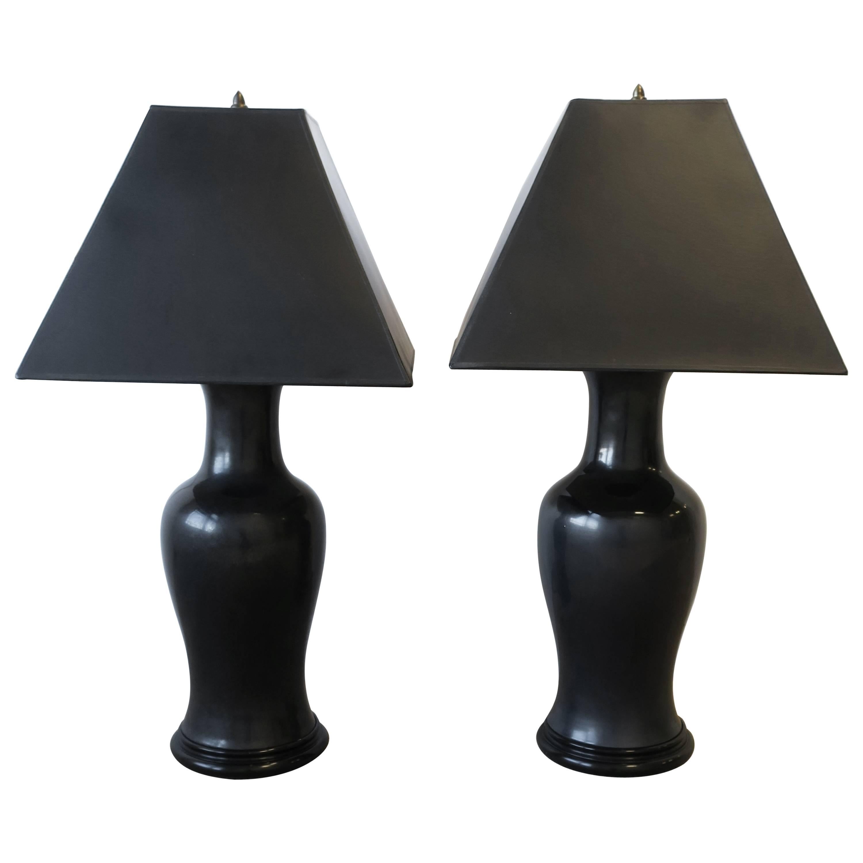 Black Ginger Jar Ceramic Pottery and Brass Table Lamps, Pair