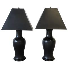 Substantial Pair of Vintage Black Ceramic Pottery and Brass Table Lamps, 1970s 12