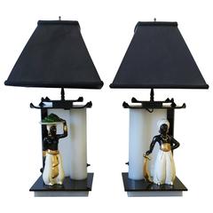 Pair of Black and White Lamps with Porcelain Blackamoor Sculptures, 1940s 5