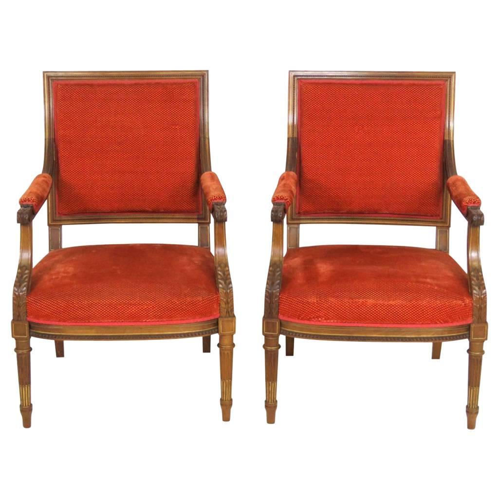 Pair of Louis XVI Style Carved Walnut Fauteuils