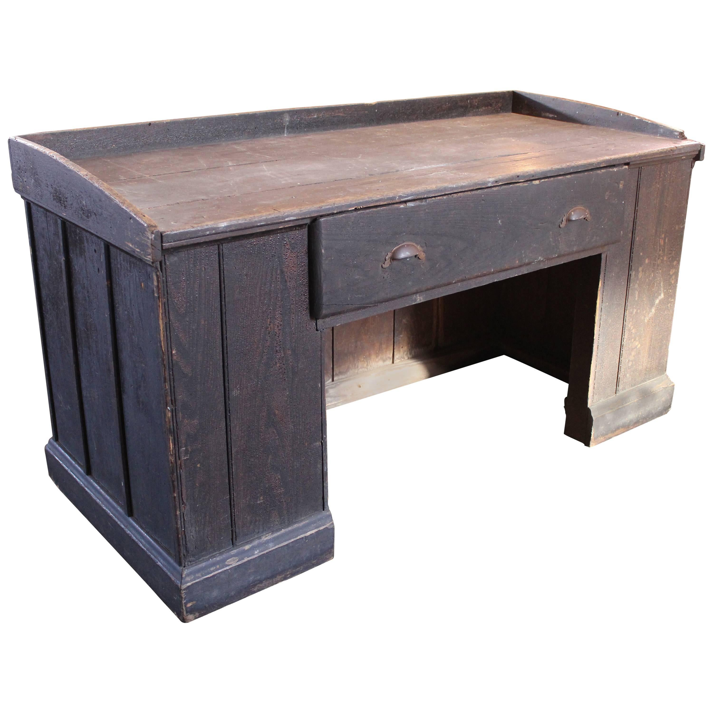 Vintage Industrial Wooden Hardware Store Counter, Clerk's Desk Table