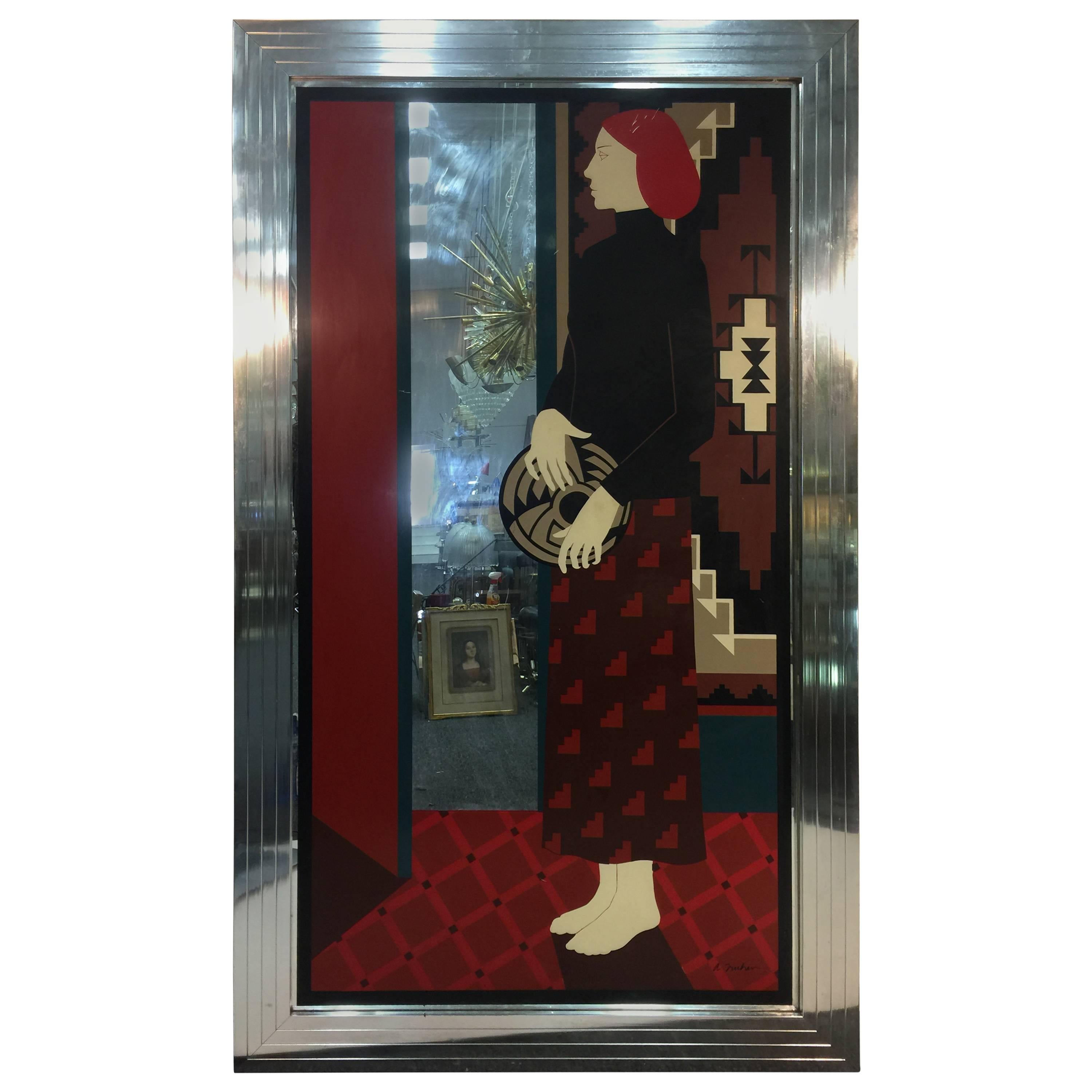 Exceptional Art Deco Revival Reverse Painted Mirror with Southwestern Accents