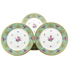 Set of 11 Lamm Dresden Turquoise Raised Gold & Hand-Painted Rose Dinner Plates