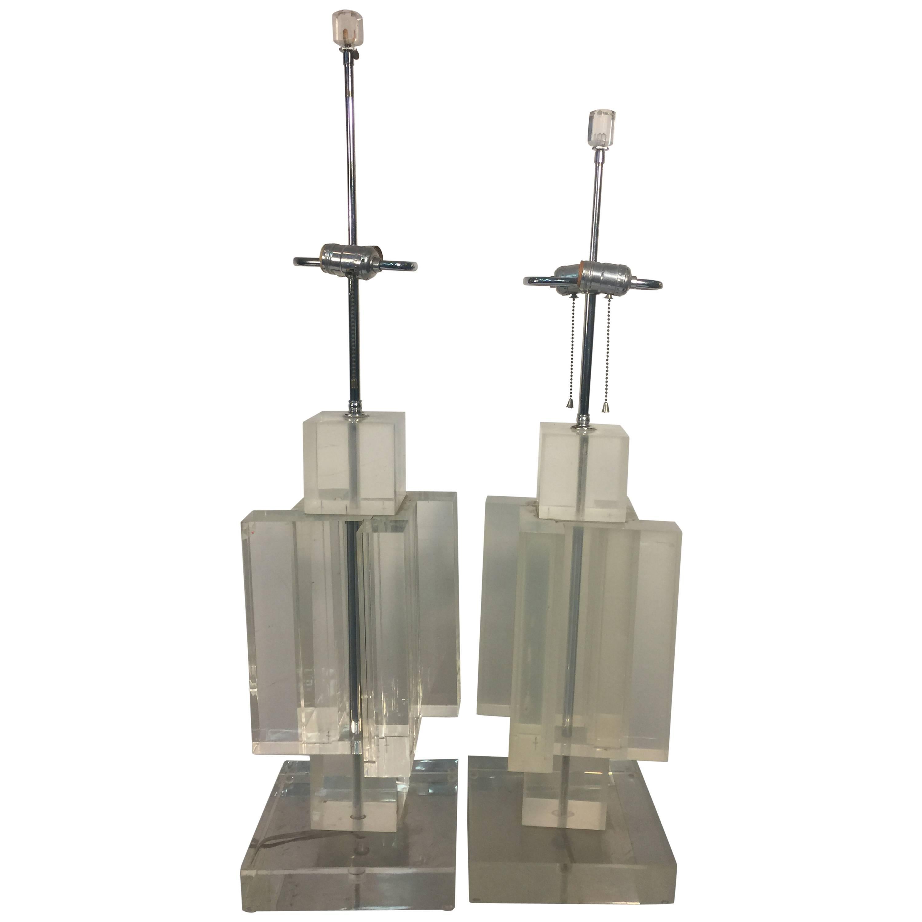 Sensational Set of Two Solid Lucite Table Lamps For Sale