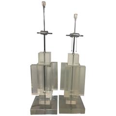 Sensational Set of Two Solid Lucite Table Lamps