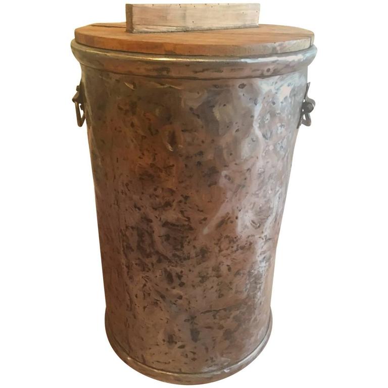 French Polished Steel Storage Bin with Wooden Lid For Sale at 1stdibs