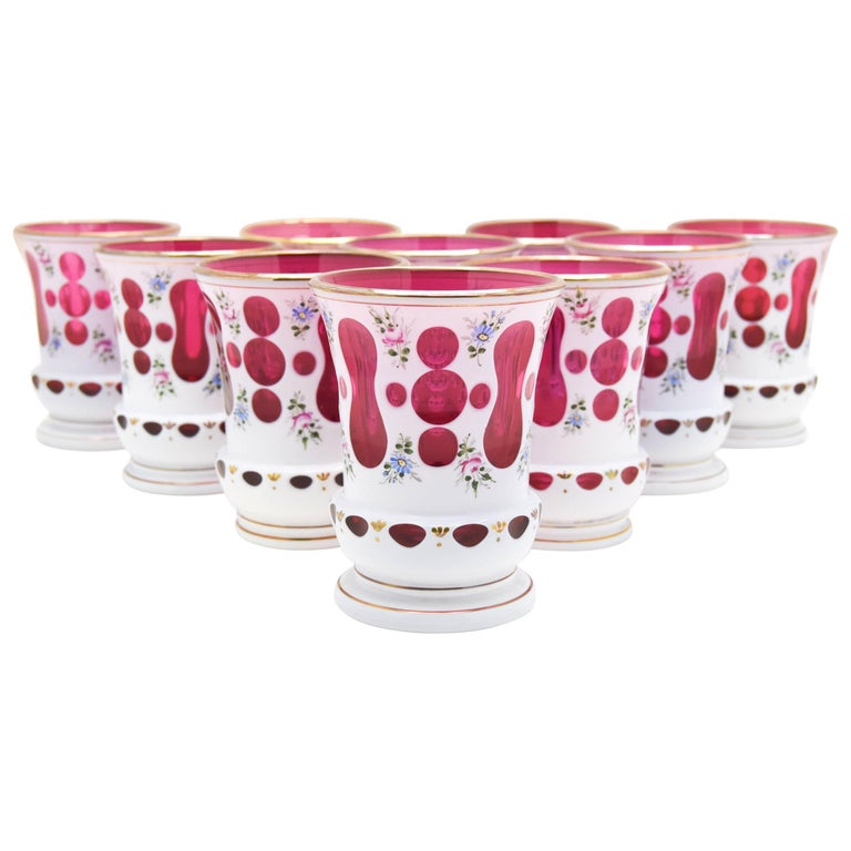 Set of 10 Bohemian cranberry-and-white tumblers, 1920s, offered by Elise Abrams Antiques