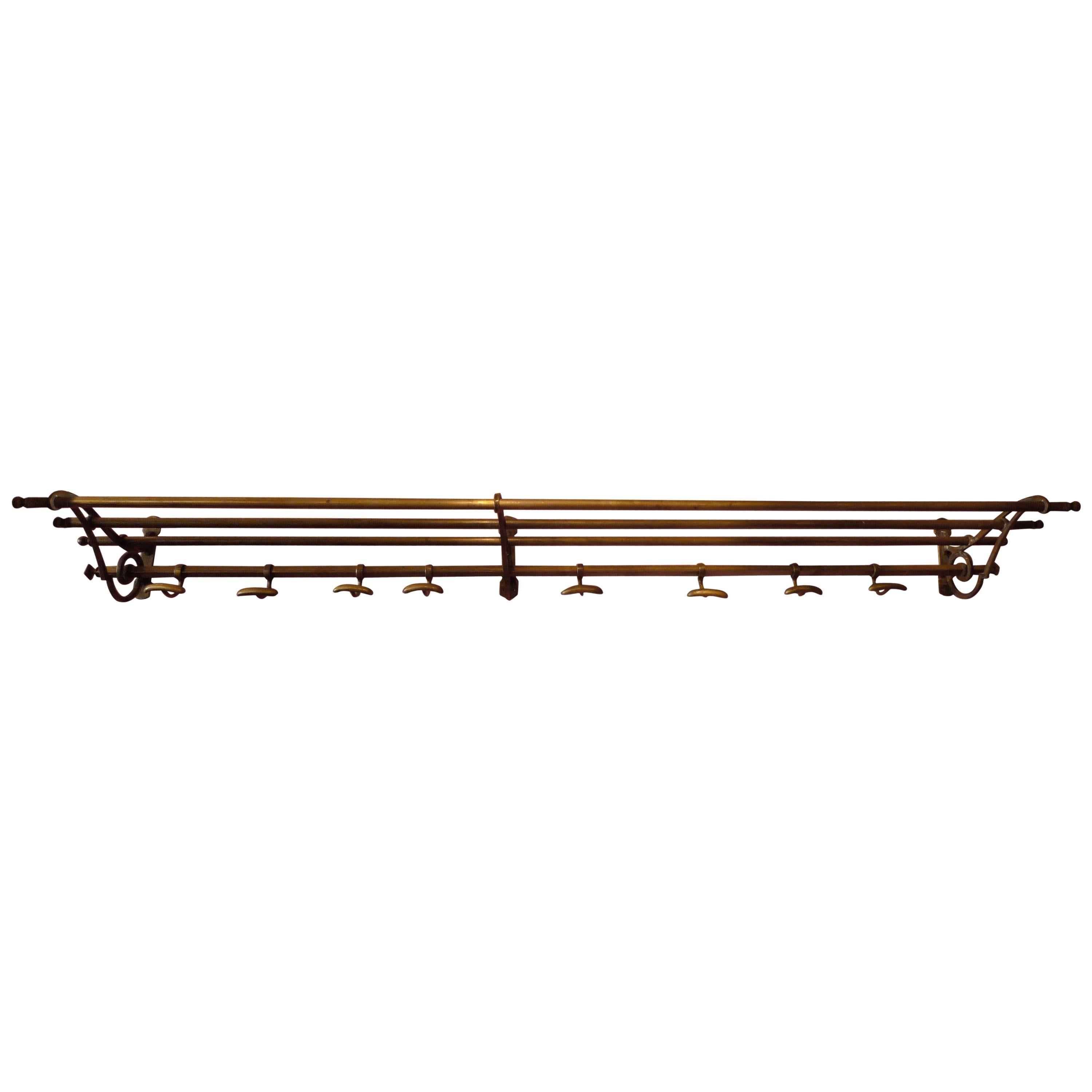 French 1920s Brass Bistro Coat and Hat Rack with Eight Hooks