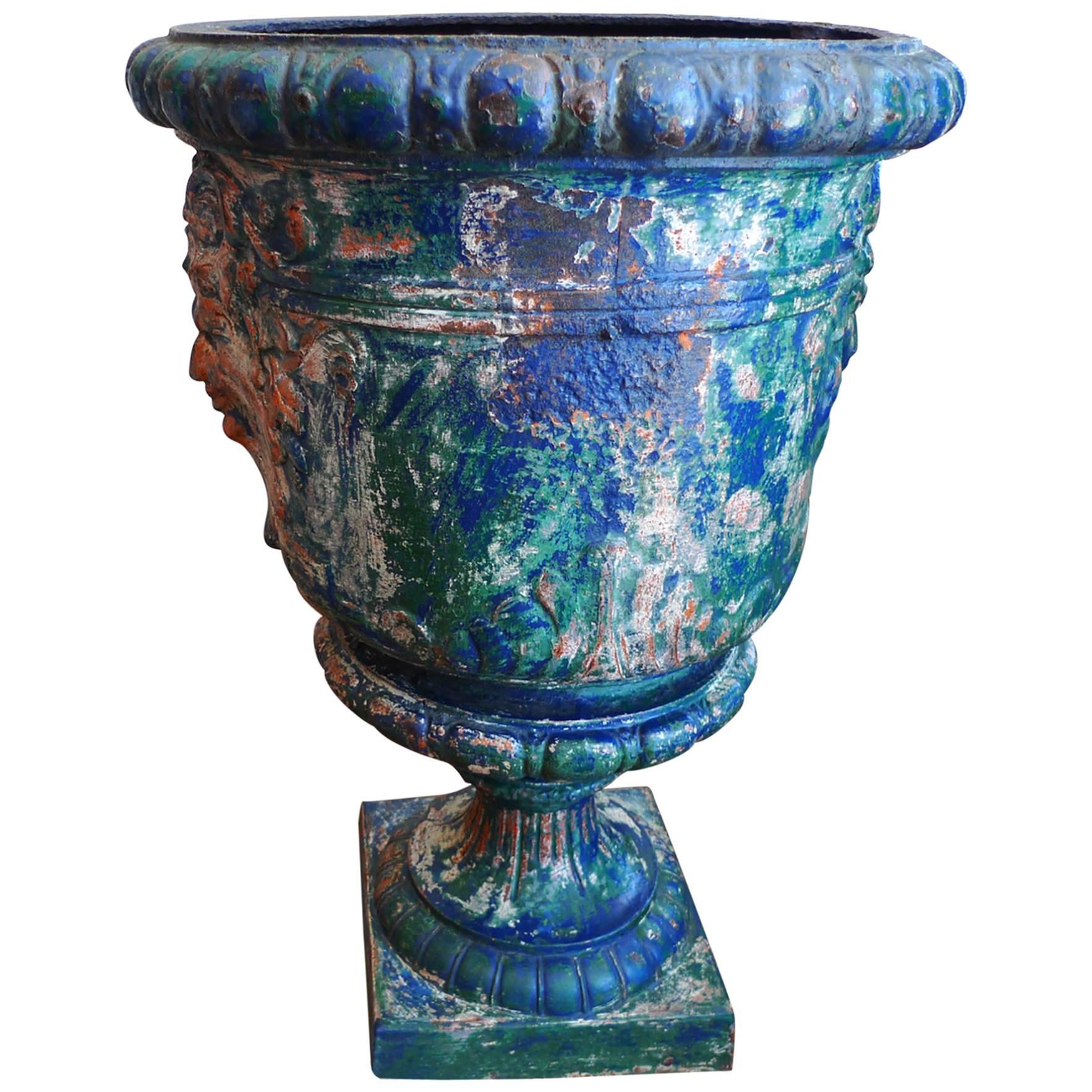 French 19th Century Blue Painted Cast Iron Urn