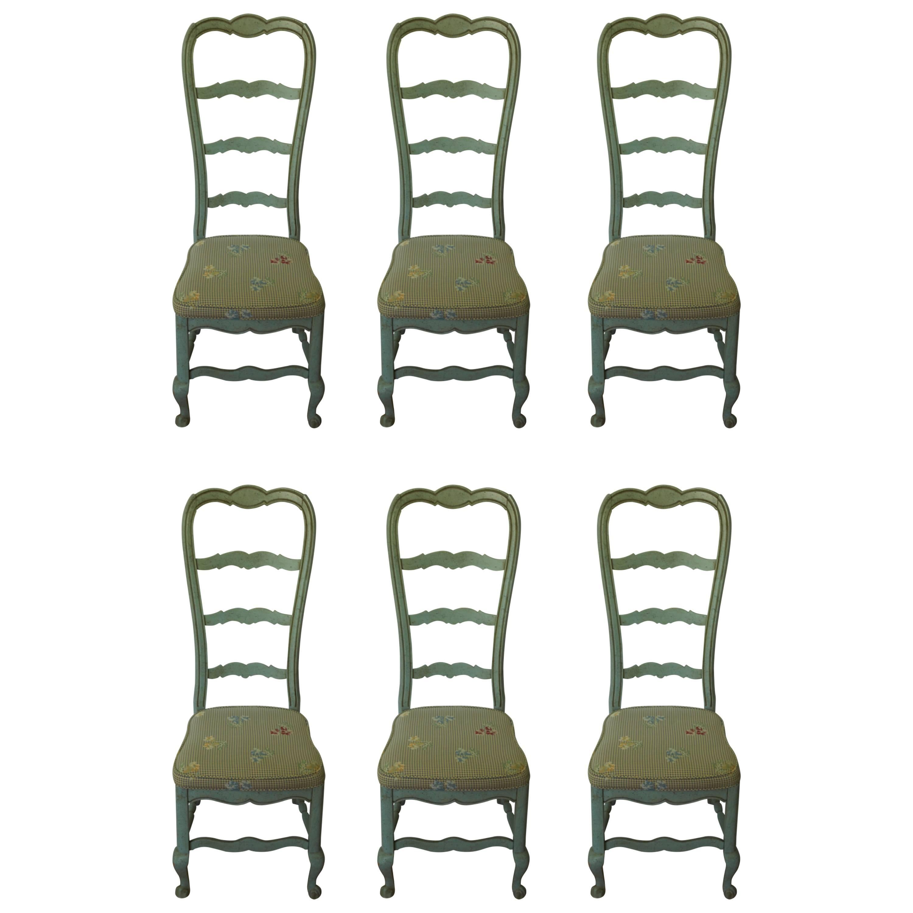 Set of Six Fabulously French  Robin's Egg Blue Louis XV Chairs, Bussac France