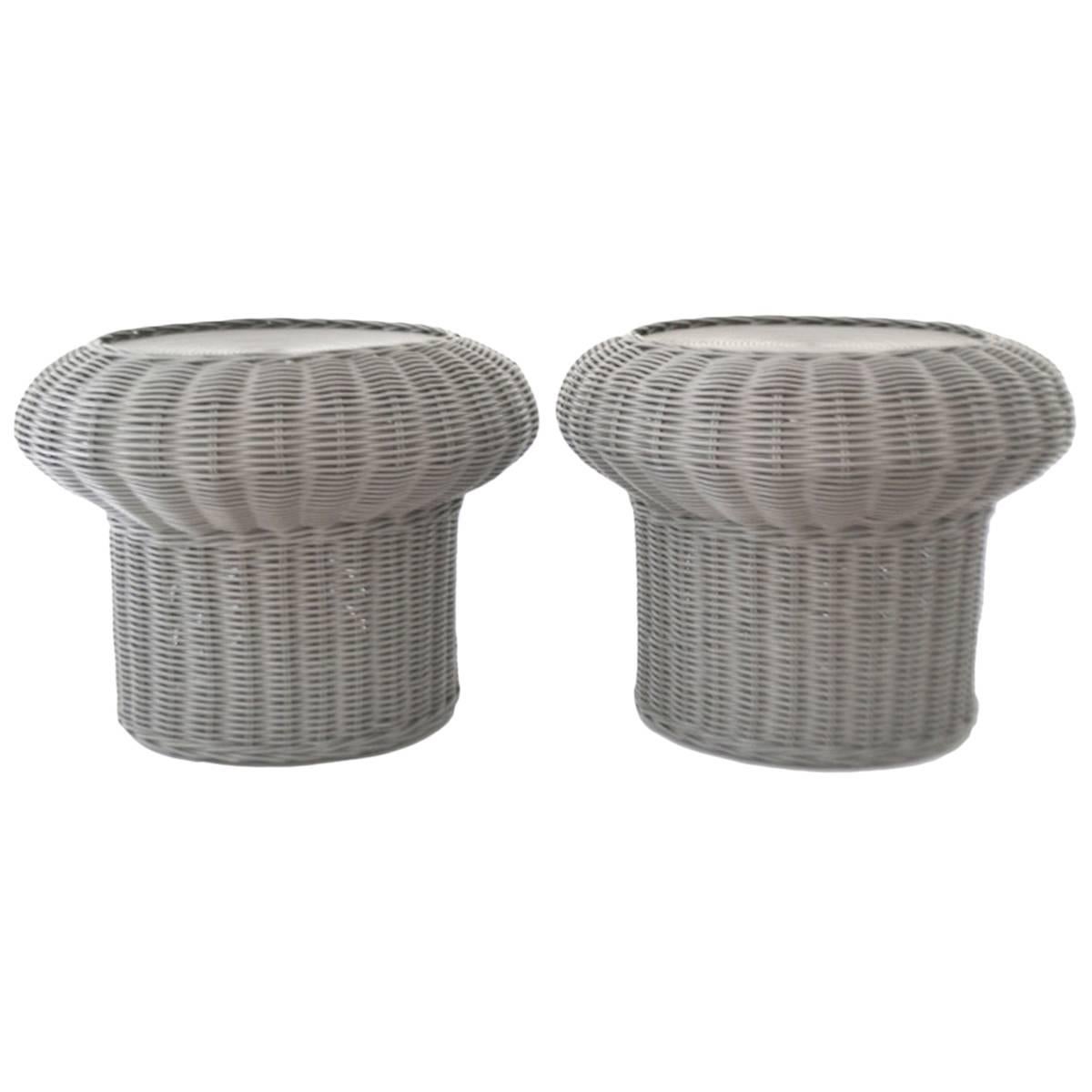 Pair of Midcentury Woven Rattan Side Tables For Sale