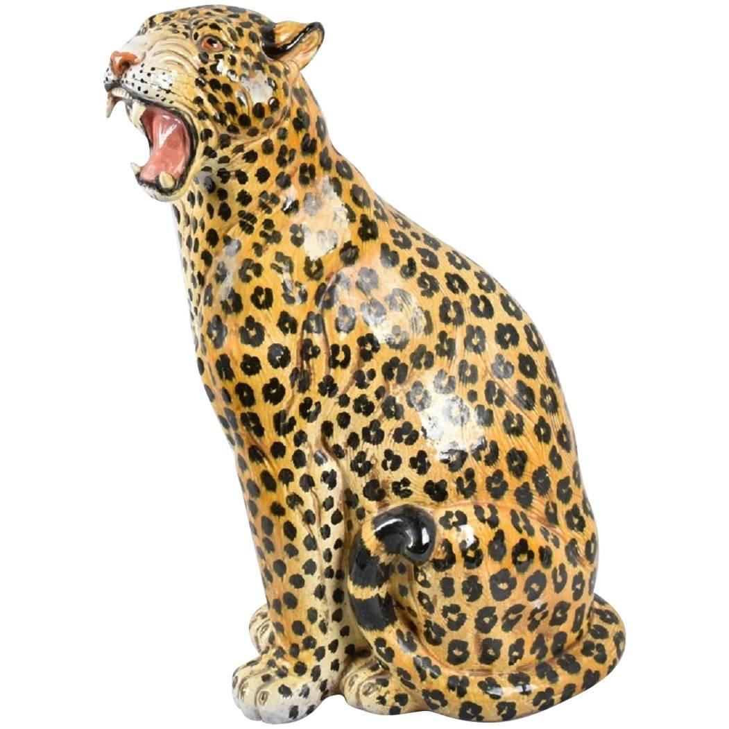 20th Century Italian Statue of Seated Leopard with Hand-Painted Details