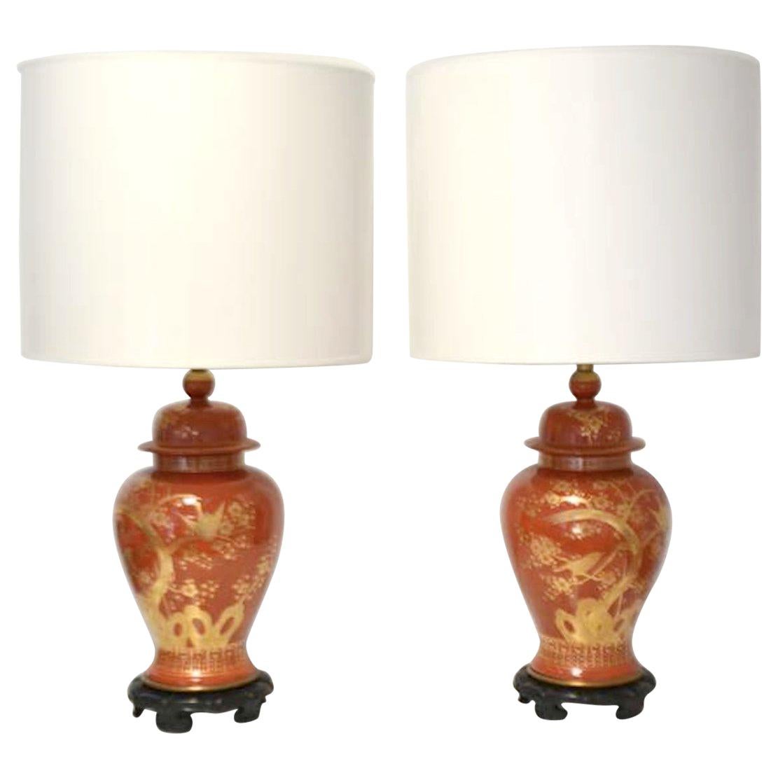 Pair of Hollywood Regency Ceramic Jar Form Table Lamps For Sale