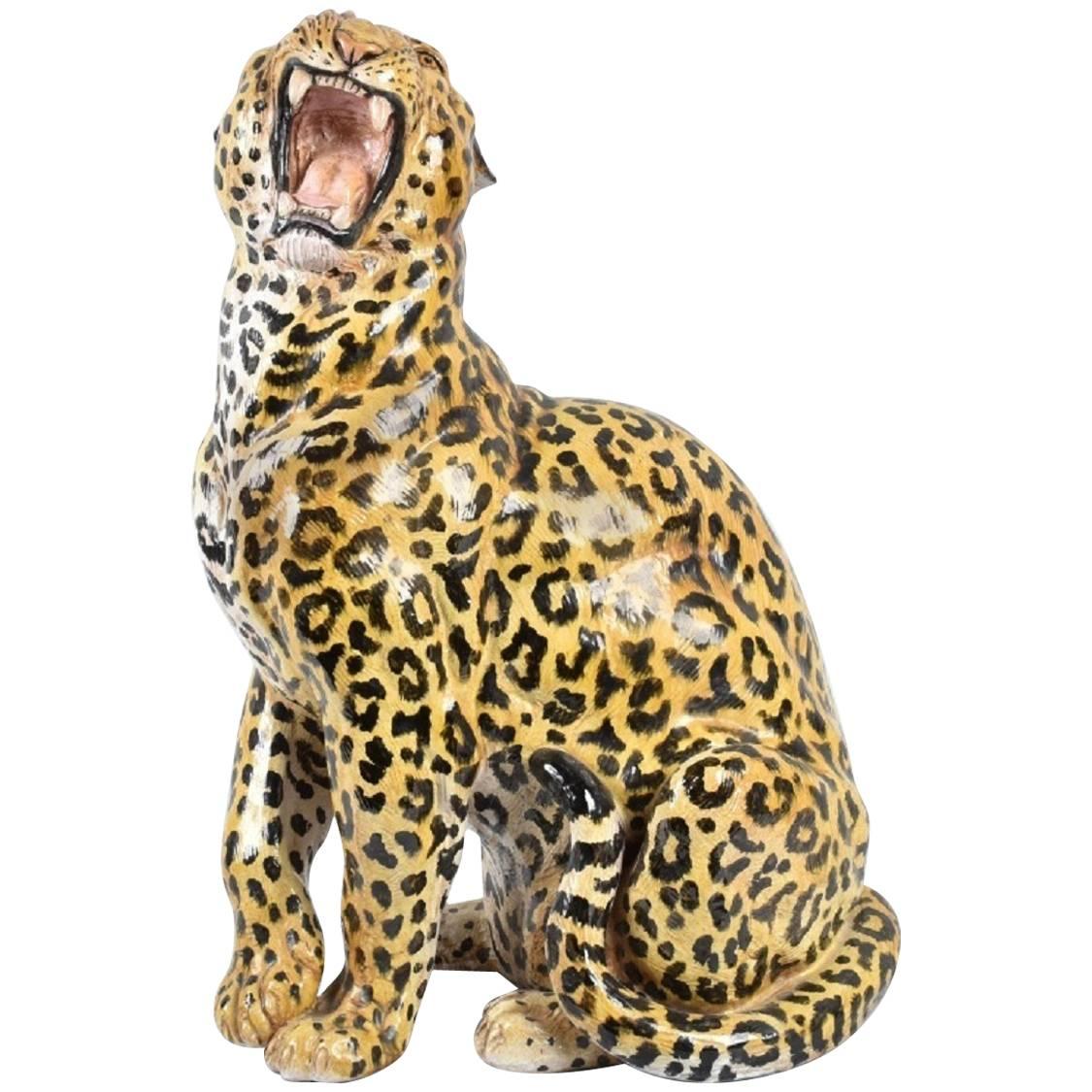 20th Century Italian Statue of Seated Leopard with Hand-Painted Details For Sale