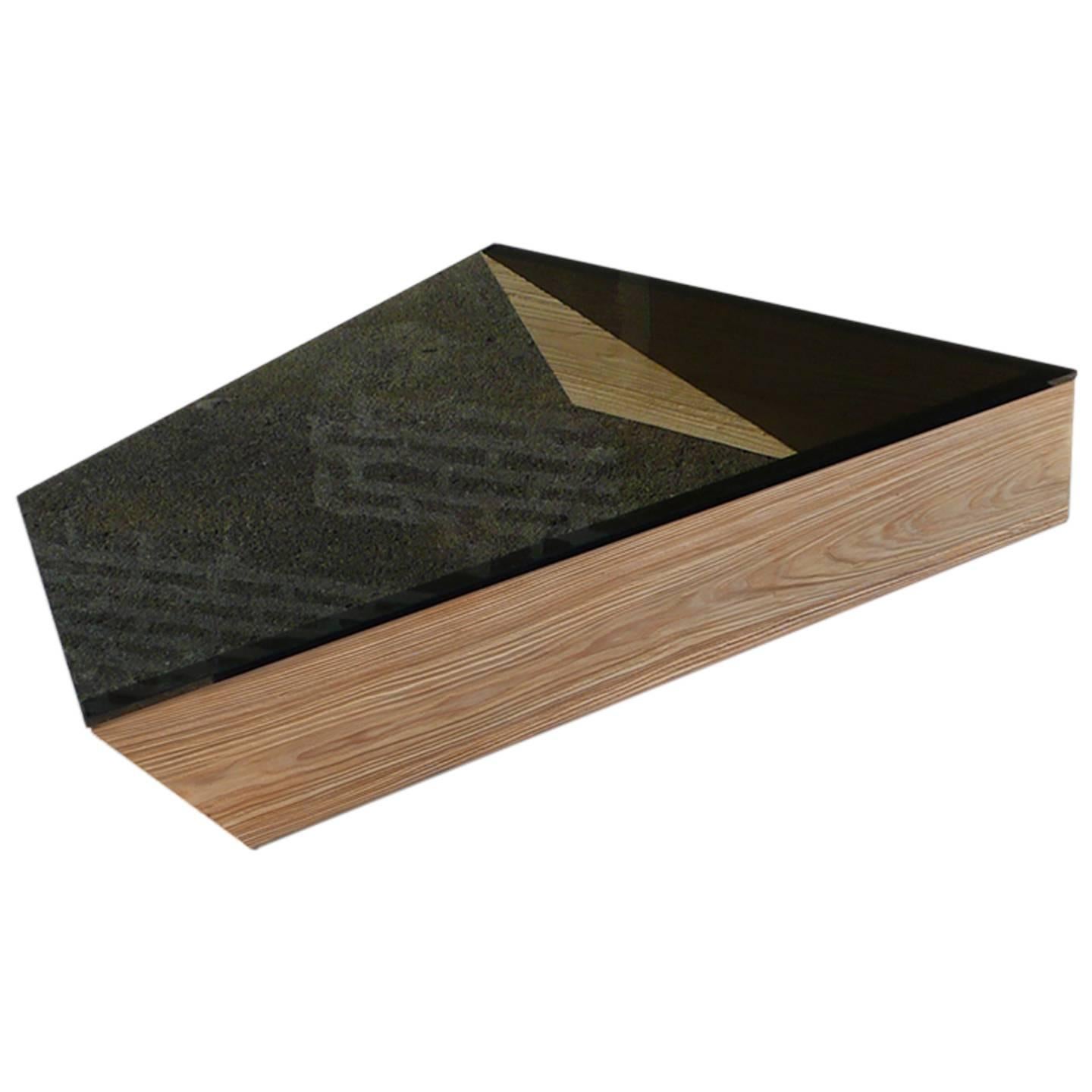 DRIFT - Weathered Cypress Wood and Smoked Glass Minimal Geometric Coffee Table For Sale