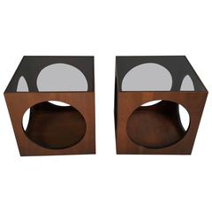 Classic 1970s Space Age Walnut and Glass Tables "Cube N Circles" by Lane