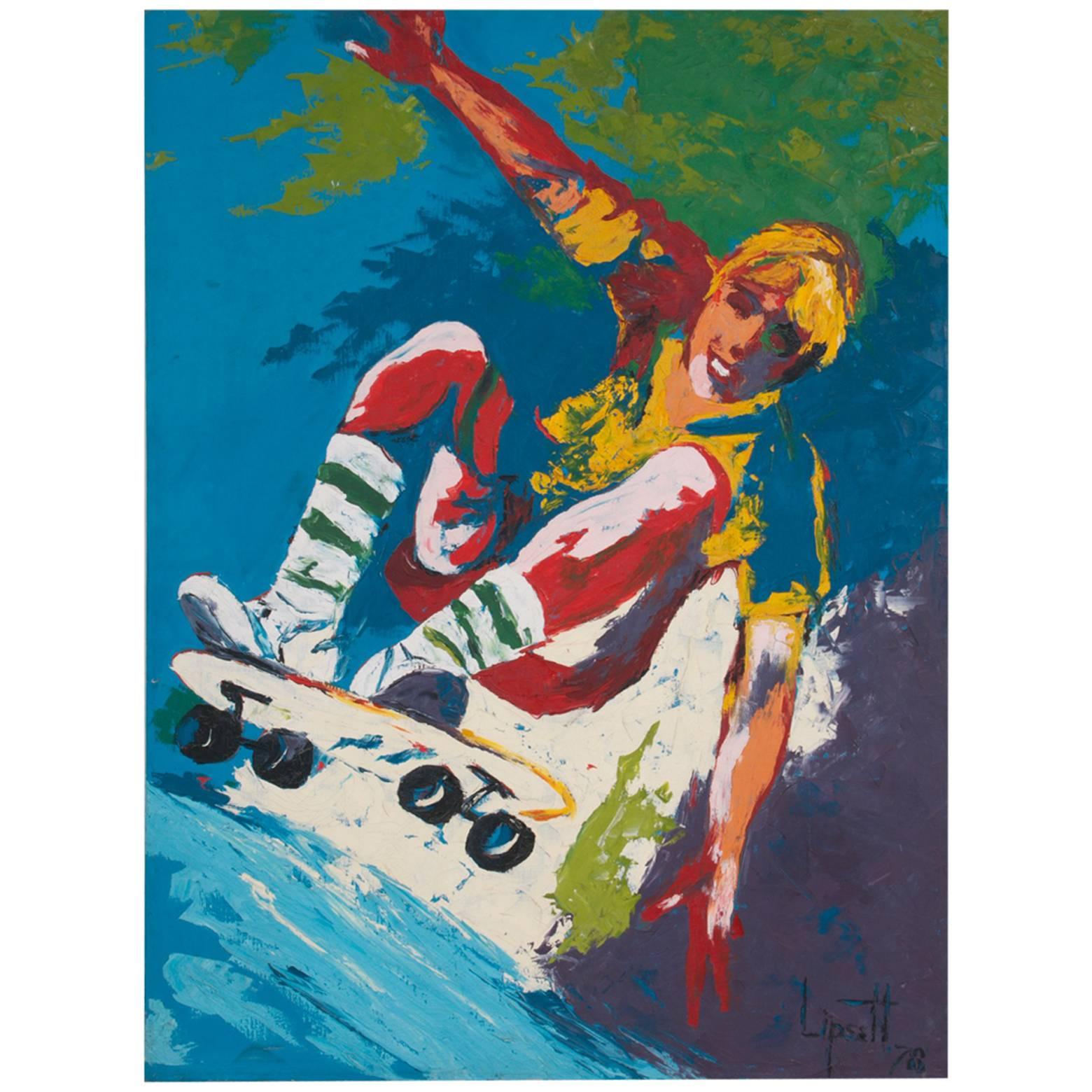 Colorful Dogtown Era California Skateboarder Oil Painting, Lipsett, 1978 For Sale