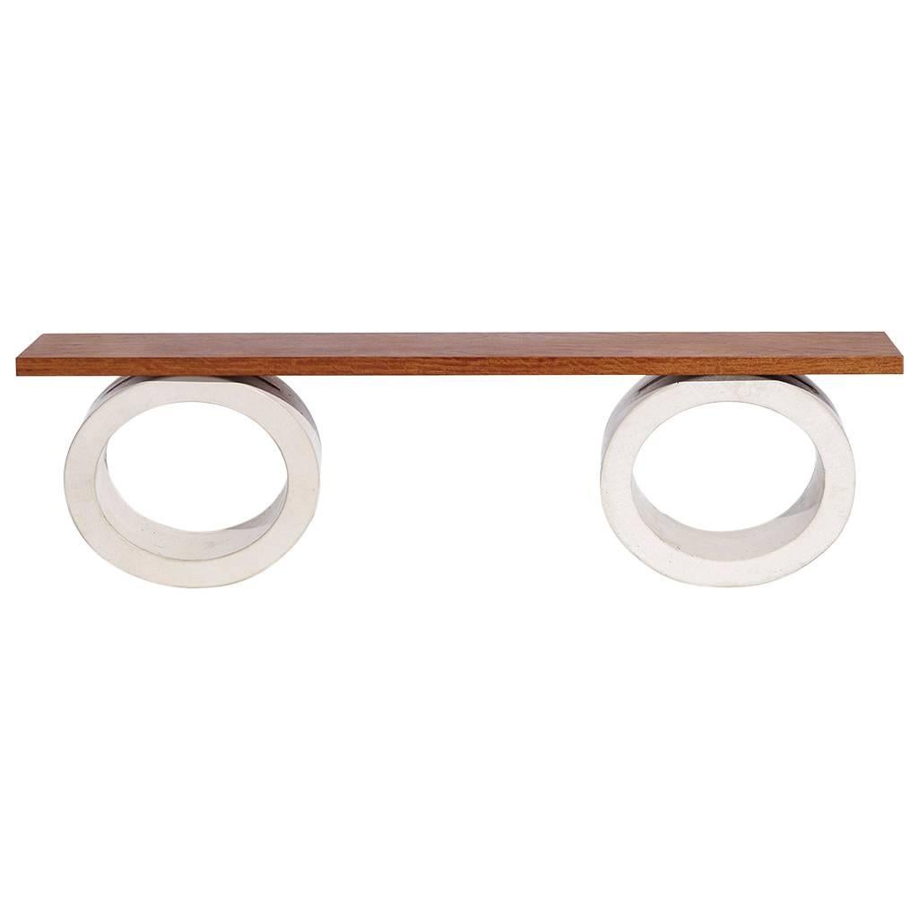 Soft Rocking Bench with Smooth Concrete Bases and Exotic Slab Wood Top For Sale