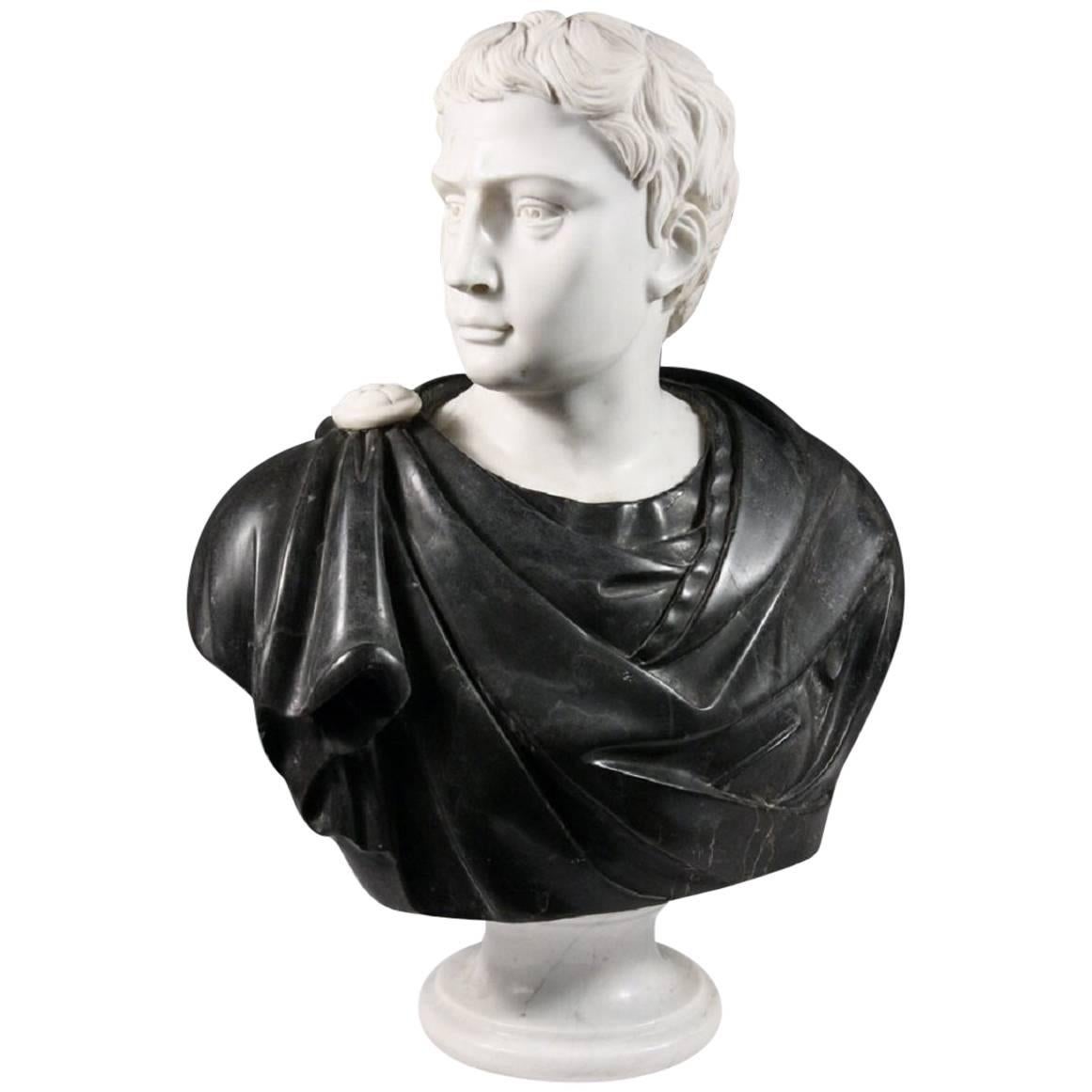 Late 19th Century Black and White Italian Marble Bust of Roman Statesman For Sale