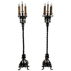 Pair of 1920s Spanish Revival Wrought Iron Floor Torchieres