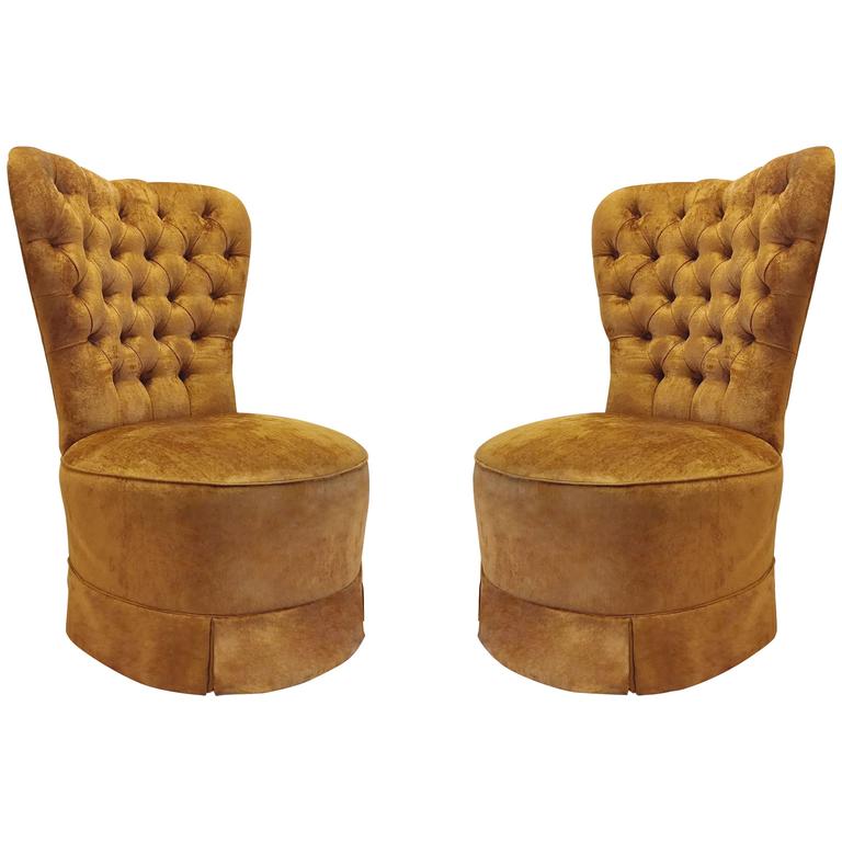 Pair of Hollywood Regency Barrel Seat High Back Designer 1940s Style Chairs For Sale
