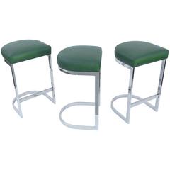 Set of Three Chrome and Leather Cantilever Bar Stools by Milo Baughman