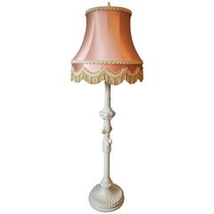 Carved and Painted Wood Floor Lamp Held by Putto with Original Silk Shade