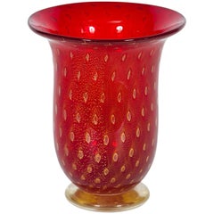 Vintage Italian Venetian Vase in Murano Glass Red and Gold 1980s