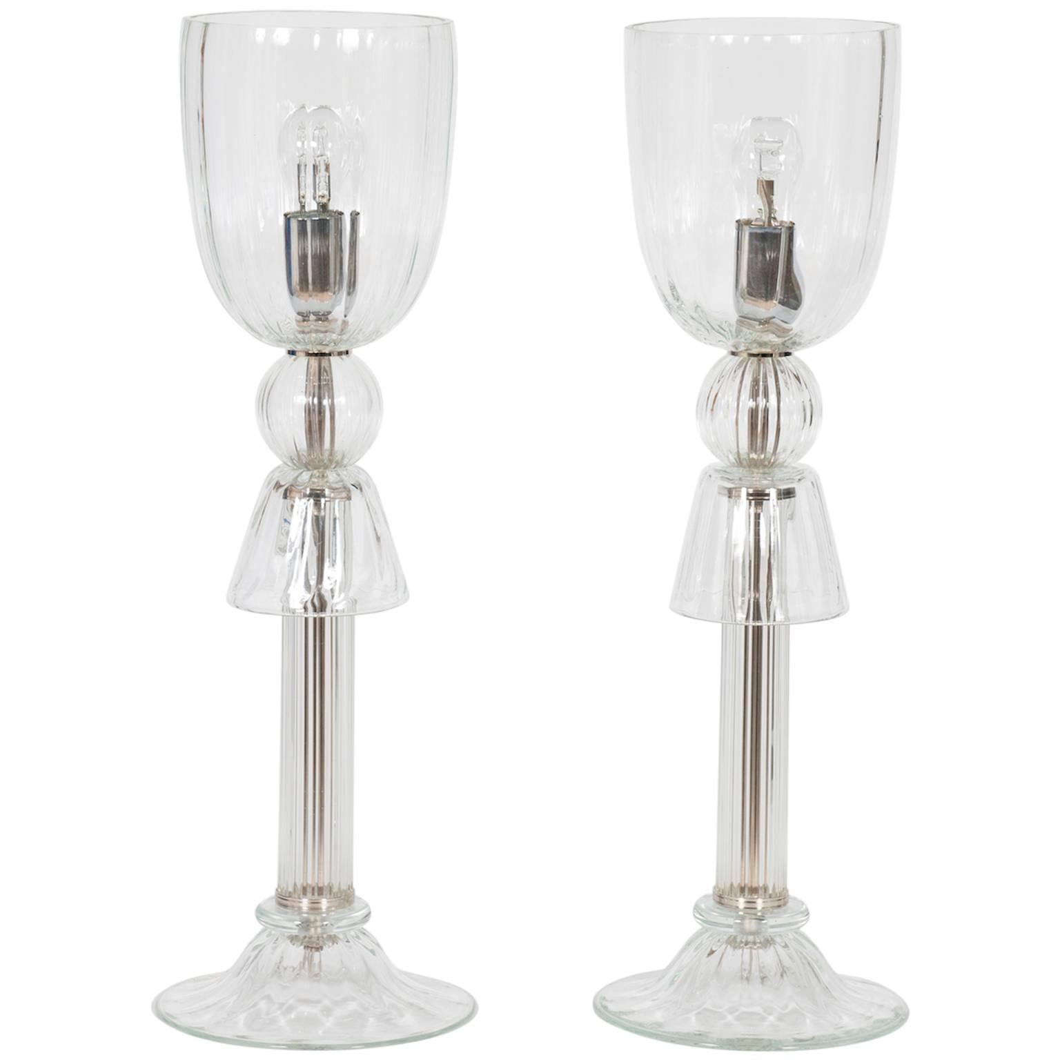 Pair of Italian Venetian Table Lamps in Murano Glass clear color, 1990s Italy