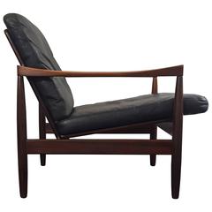 Mid-Century Erik Wørts Rosewood Armchair with Black Leather Cushions